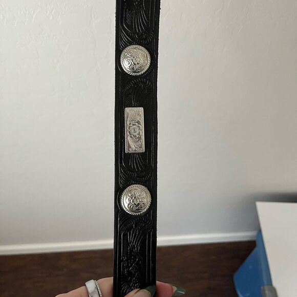 Western Embossed Tooled Leather Metal Detail Handmade Belt Black and Silver main image 7